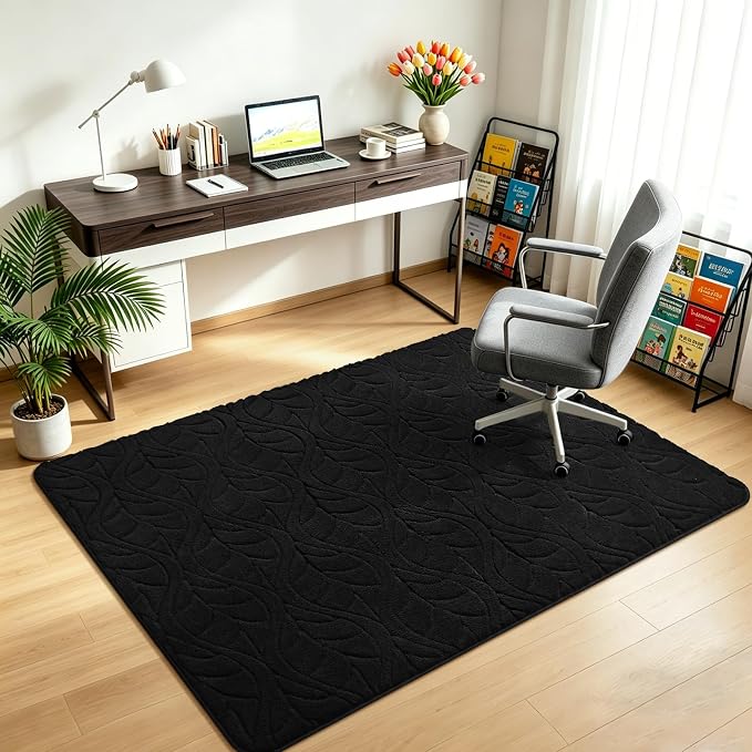 3x5 Black Washable Area Rug for Bedroom, Leaf Geometric Patter Shag Non-Slip - Image 5