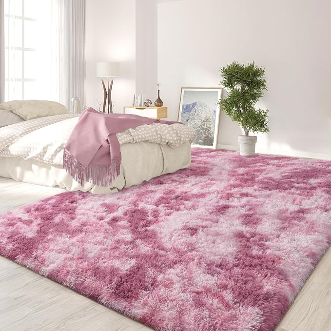 FlyDOIT Large Area Rugs for Living Room, 4x6 Feet Tie-Dyed Blush Shaggy Rug - Image 3