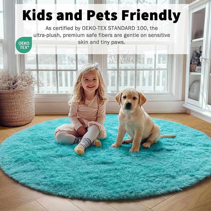 ONASAR Teal Blue Round Area Rug 4ft, Soft Fluffy Bedroom Bedside Floor Circle - Image 5