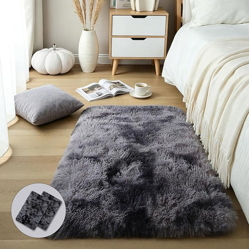 2x3 Dark Grey Fluffy Shag Rug for Bedroom, Soft Plush Fuzzy Washable Floor Non by KICHOWUA