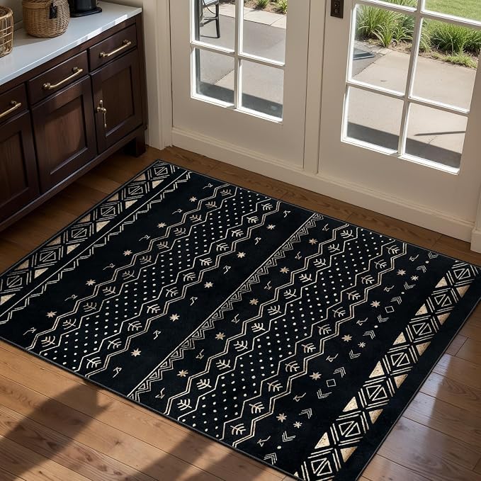 SERISSA 2x3 Rugs for Entryway, Washable Non-Slip Black Gold Grad Small Area Rug by SERISSAHomeDecorCollection