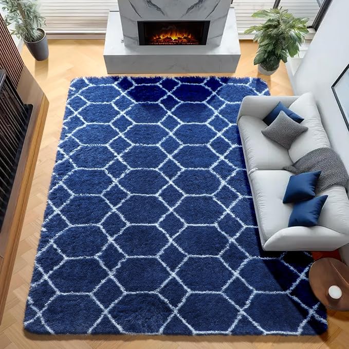 ONASAR Large 8x10 Area Rugs for Living Room, Fluffy Geometric Navy and White by ONASAR
