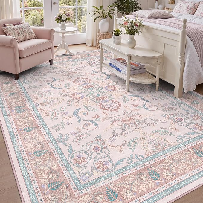 DCX 5x7 Pink Vintage Floral Rug, Machine Washable Non Slip Low Pile Carpet - Image 8