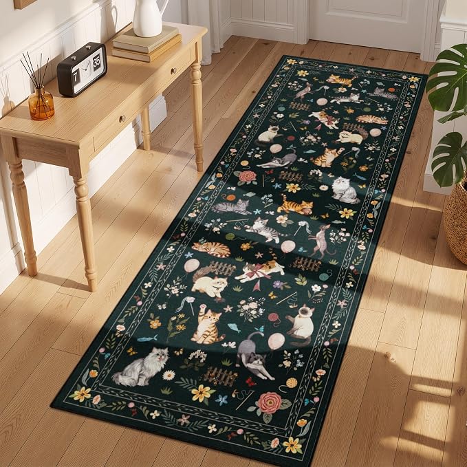 Unirea 2x6 Black Cat Runner Rug, Washable Non Slip Botanical Rug - Image 7