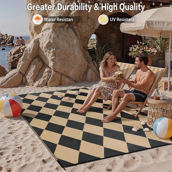 Outdoor Plastic Checkered Rug Waterproof Patio 8x10 Black Brown Diamond - Image 5