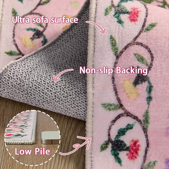 Latte&Fog Pink 8x10 Area Rugs for Living Room, Cute Floral Large Washable Rugs - Image 5