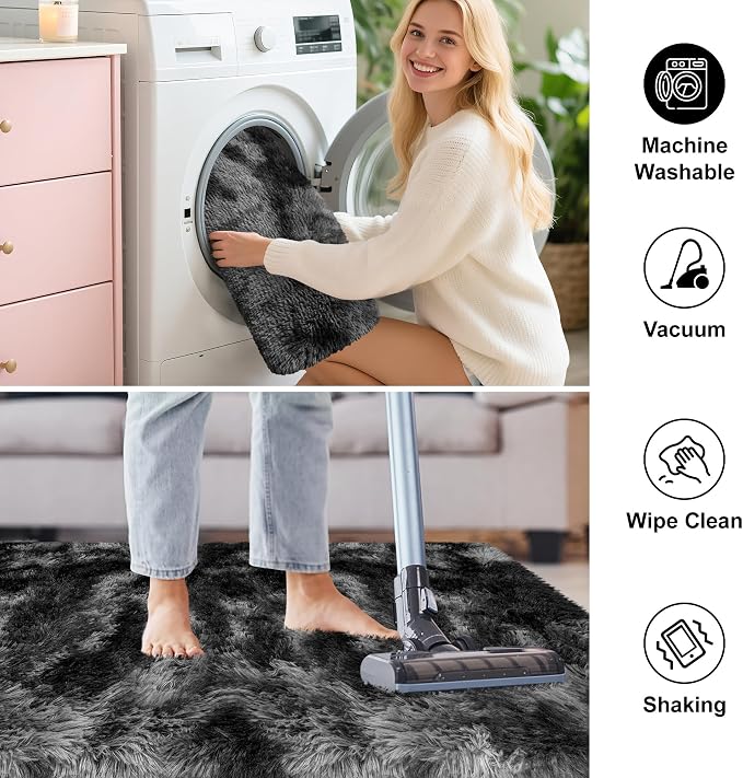 2x3 ft Shaggy Small Black Rug, Tie Dye Soft Fluffy Carpet Bedside Fuzzy Area - Image 6