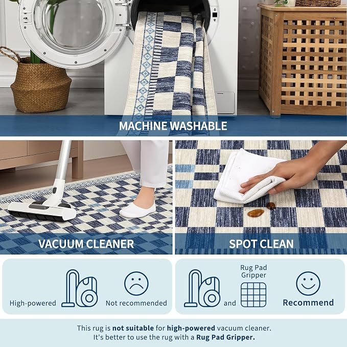 GarveeHome Runner Rug 2x10 for Kitchen Blue Contemporary Checkered Long Rug for - Image 4