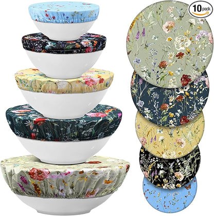 Patelai 10 Pcs Bowl Covers Reusable in 5 Size Stretch Cloth Fabric Elastic Food by Patelai