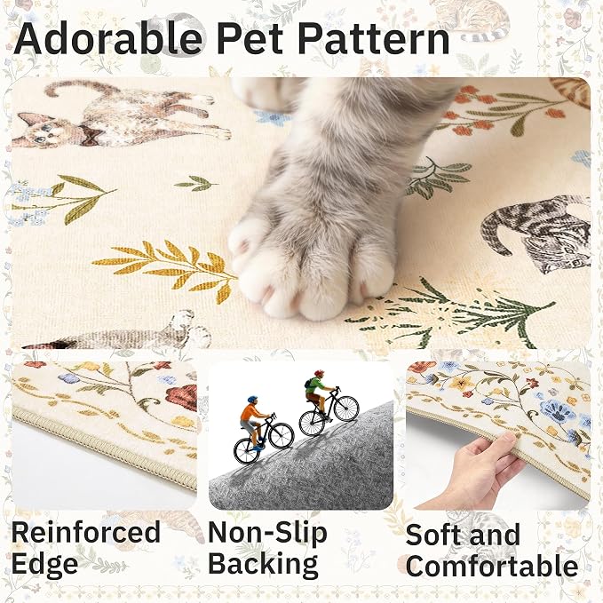 Soalmost Cat 3x5 Area Rugs for Entryway, Machine Washable Animal Floral Accent - Image 5