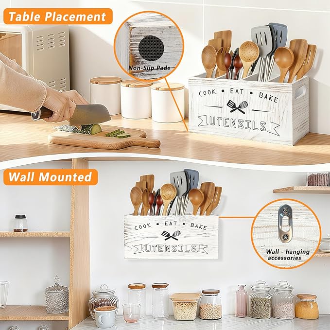 Extra Large and Durable Retro White Wooden Kitchen Utensil Holder - Image 3