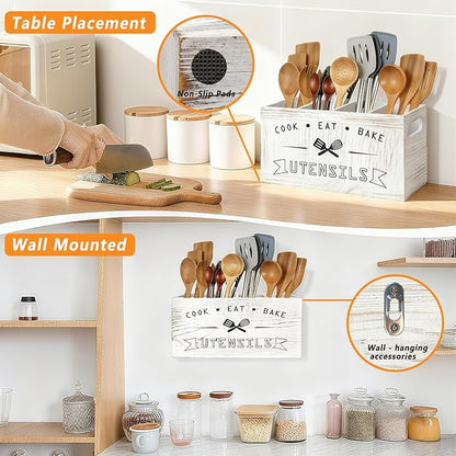 Extra Large and Durable Retro White Wooden Kitchen Utensil Holder - Image 3