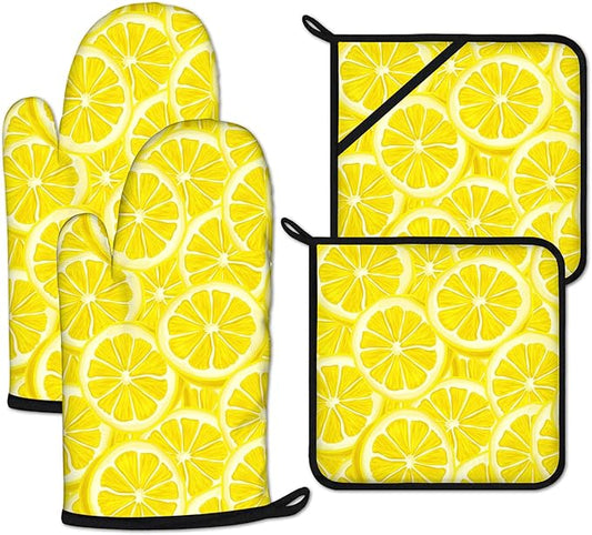 Watercolor Lemon Oven Mitts and Pot Holders Sets Heat Resistant 4Pcs Potholders by ANTJOO