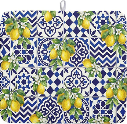 Lemon and Blue Tile Dish Drying Mat 16x18 Inch Absorbent Reversible Mexican by Kawani