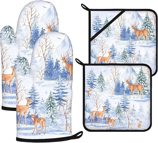 Deer Mitts and Pot Holders Sets 4Pcs, Extra Long Oven Gloves Potholder by VisittheDuibelproduct