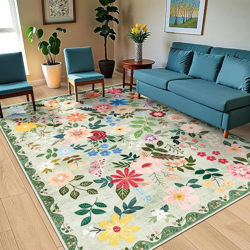 8x10 Area Rugs for Living Room: Floral Washable Rug Vintage Large Soft Boho - Image 2
