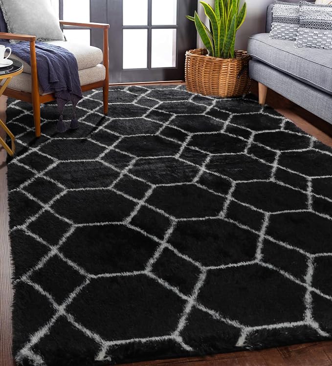 ONASAR Area Rugs for Bedroom Living Room, Fluffy 4x6 Black and White Rug - Image 6
