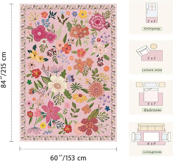 Latte&Fog Floral Area Rugs 6x9, Large Washable Pink Rugs - Image 2