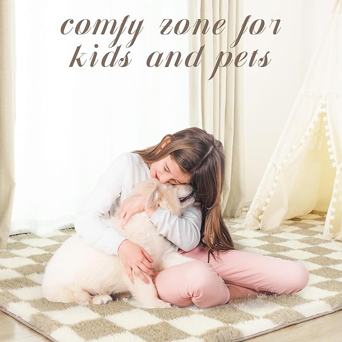Super Soft Rug for Bedroom, 5x8 Ft Beige and White Area Rug Classic Checkered - Image 7