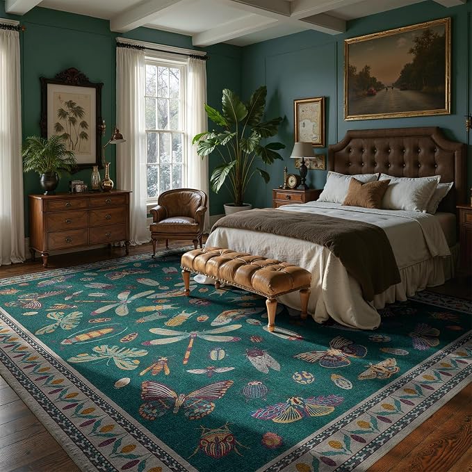 DCX 8x10 Washable Insect Rug, Vintage Gothic Deep Teal Rug - Image 2