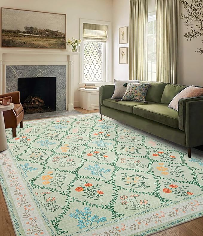 YIHOUSE Green Floral Print Rugs, Moroccan Trellis 10x14 Washable Large Rug by YIHOUSE