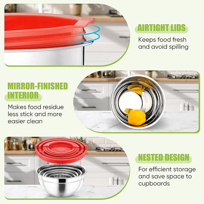 P&P CHEF Mixing Bowls with Airtight Lids Set of 5, 10-Piece Stainless Steel - Image 3