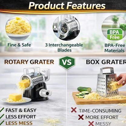Manual Rotary Cheese Grater for Kitchen, Vegetable Slicer, 3-in-1 Hand Crank - Image 9