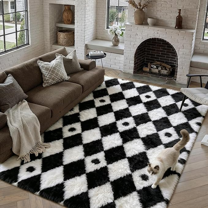PureCozy Checkered Rug 8x10 Fluffy Shag Living Room Black and White Area Rug - Image 3