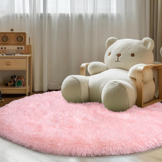 Round Fluffy Pink Rug for Bedroom, 4Ft Fuzzy Shag Circle Area Rug for Girls - Image 8