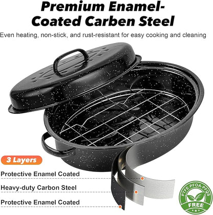 15” Roaster Pan with Lid and Rack, Small Enamel Roaster Pan with Oval Roasting - Image 3