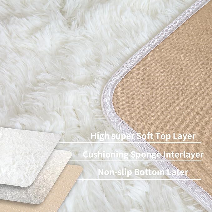 KCHOWUA Cream White Fluffy Shag Rug - Image 4