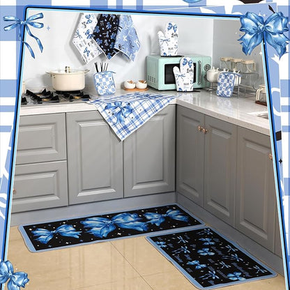 Fourluoo 10 Pcs Blue Bow Kitchen Decor Set Dish Towels Kitchen Rugs Oven Mitts - Image 4