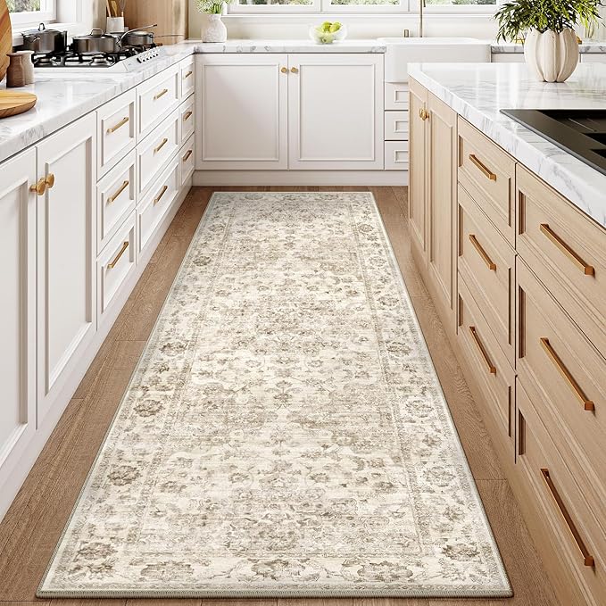 3x8 Washable Neutral Runner Rug Beige Vintage Hallway Kitchen Carpet Non-Slip - Image 2