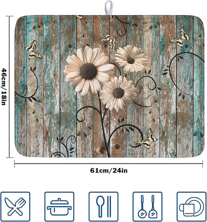 Dish Drying Mat for Kitchen Counter 18 x 24 Inch Rustic Vintage Daisy Floral - Image 2
