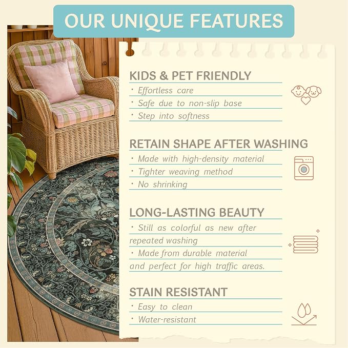 Washable 7ft Round Area Rug for Living Room, Dark Green Vintage Floral Rug for - Image 5