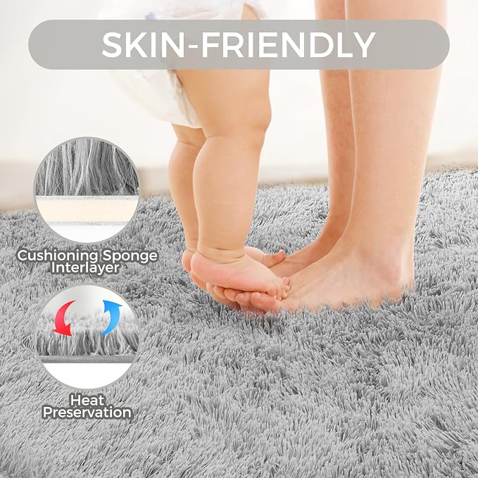 Ultra Soft Rug for Living Room, 8X10 Light Grey Fluffy Shag Area Rug for Bedroom - Image 4