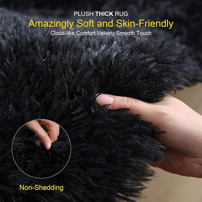 KICHOWUA Thick Area Rug Black Fluffy Shag 6x9 - Image 3
