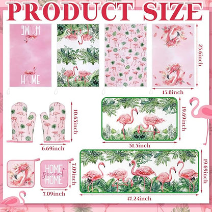 Fourluoo 10 Pcs Flamingo Kitchen Dish Towels Rugs Oven Mitts and Pot Holders - Image 3