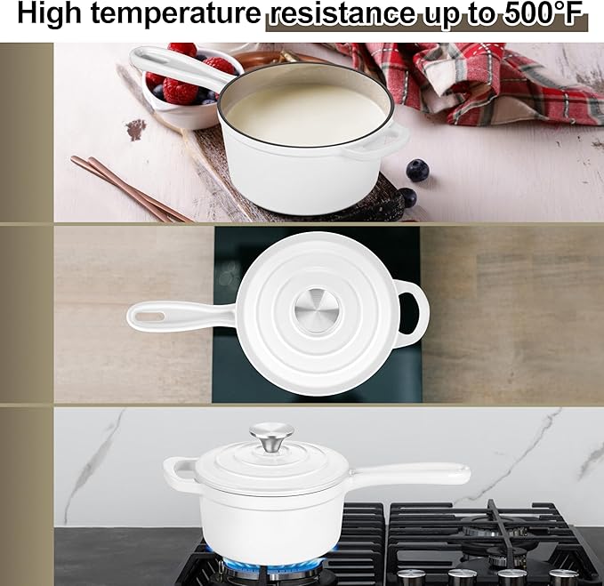 1 QT Enameled Cast Iron Saucepan, Leonyo Sauce Pan - Image 4