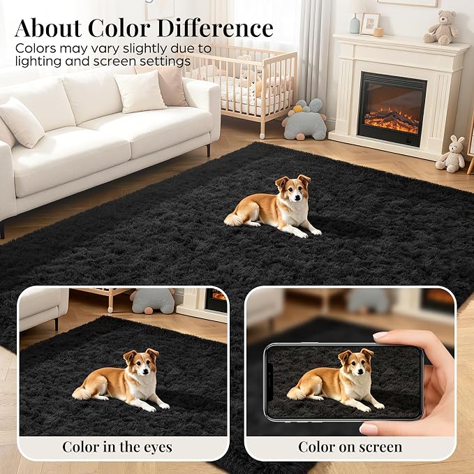 Area Rug for Living Room Bedroom: 4x6 Black Soft Fluffy Shag Upgrade Non-Slip - Image 7