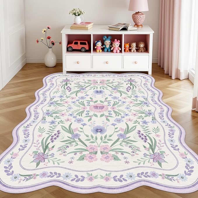 Scalloped Floral Rug 5x7, Soft Low Pile Cottagecore Carpet - Image 2