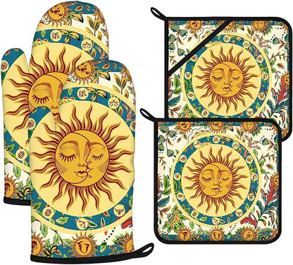 Sun and Moon Oven Mitts and Pot Holders Sets 4Pcs, Extra Long Oven Gloves by VisittheDuibelproduct
