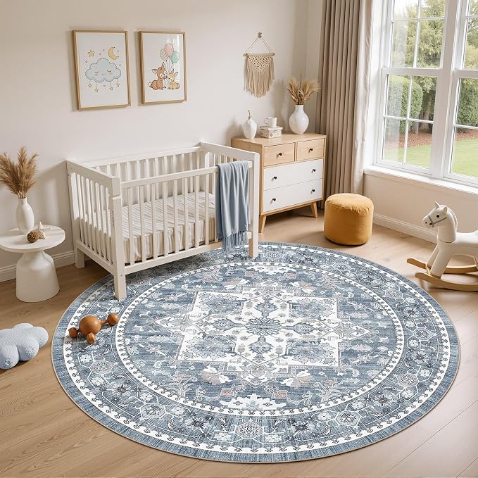 6ft Round Area Rug: Washable Vintage Neutral Soft Non Slip Thin Large Floor - Image 4