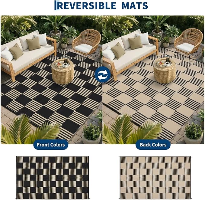 Garvee Waterproof Outdoor Rug 8x10, Checkered Foldable Plastic Straw Patio - Image 4