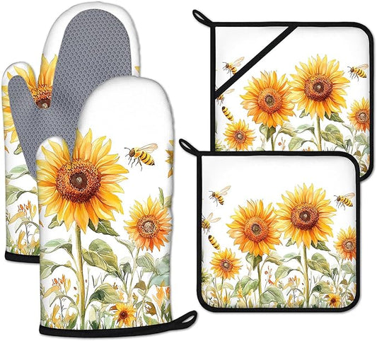 Watercolor Sunflower Oven Mitts and Pot Holders Sets Heat Resistant 4Pcs Busy by ANTJOO