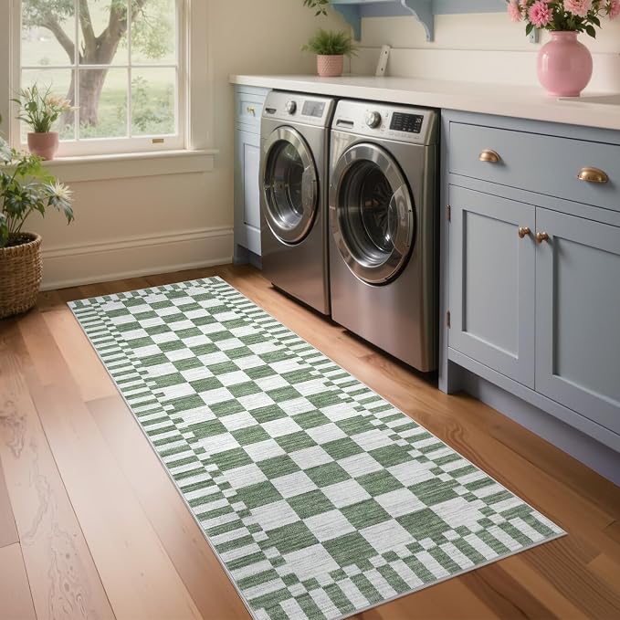 GarveeHome 2.5×10 Kitchen Runner Rug Non Slip, Sage Green Checkered Rug - Image 2