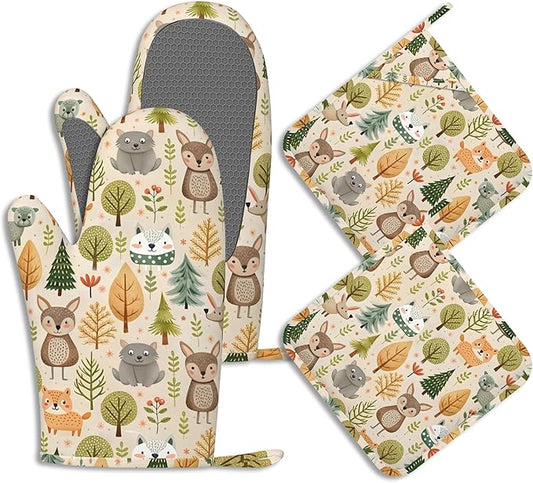 Cute Animals Oven Mitts and Pot Holders Fall Trees Leaves Silicone Kitchen by BIGXIUKA