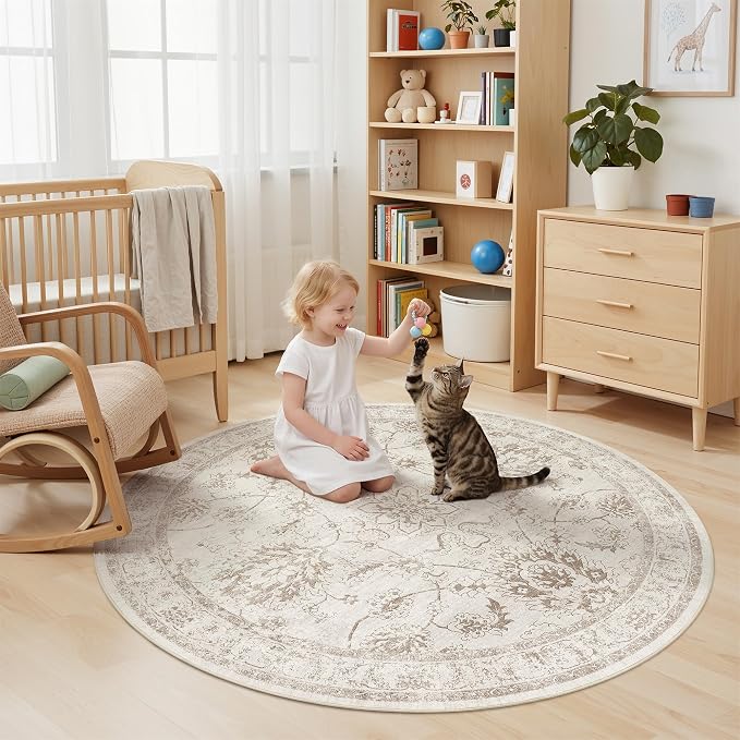 Madane Washable Round Rug 5ft for Living Room, Soft Ultra-Thin Non-Slip Vintage - Image 4
