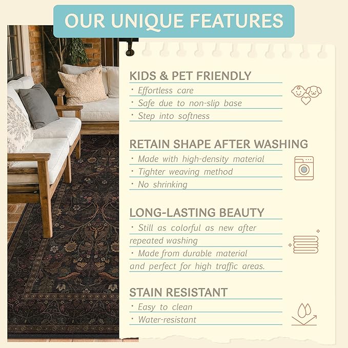 Washable 5x7 Dark Brown Rug for Living Room, Low Pile Soft Area Rugs for Bedroom - Image 6