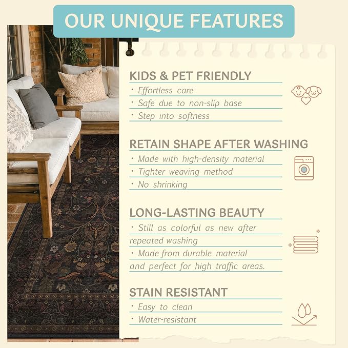 7x10 Washable Rug for Living Room, Dark Brown Vintage Cottagecore Floral Area - Image 5